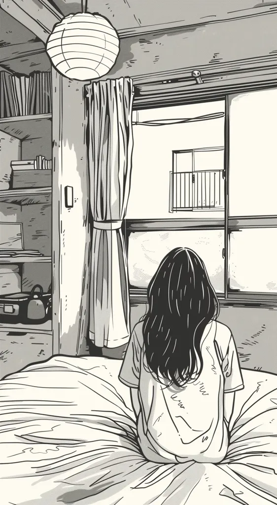 The image is a black and white drawing of a young woman sitting on a bed, looking out a window. She has long black hair and is wearing a white t-shirt. The room is sparsely furnished, with a bookcase, a lamp, and a curtain. The window looks out onto a building with a balcony. The image has a melancholic feel, and the woman's expression is unreadable.