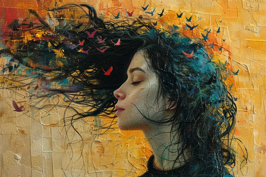 The painting depicts a woman with long, flowing black hair that is swirling and chaotic. The background is a golden yellow with a textured appearance, almost like a wall. The woman's face is partially obscured by her hair, but her closed eyes and thoughtful expression suggest that she is lost in thought. The image is full of movement and energy, and the birds flying through her hair create a sense of freedom and liberation.  The painting evokes feelings of both peace and introspection.