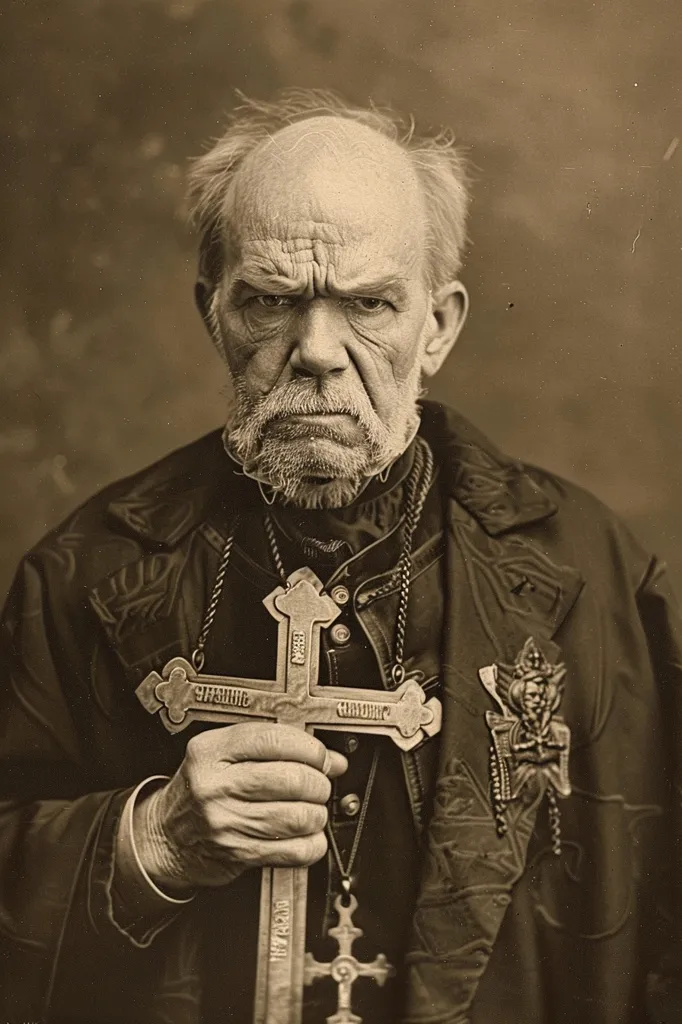 An elderly man with a stern expression, wearing a dark, intricately-designed robe, holds a large silver cross in his hand.  The cross is adorned with ornate details and hangs from a silver chain around his neck. His wrinkled face and furrowed brow convey a sense of gravitas and seriousness. The sepia tone of the image enhances the vintage, almost somber mood.  The details of his attire and the cross suggest a religious or spiritual context.