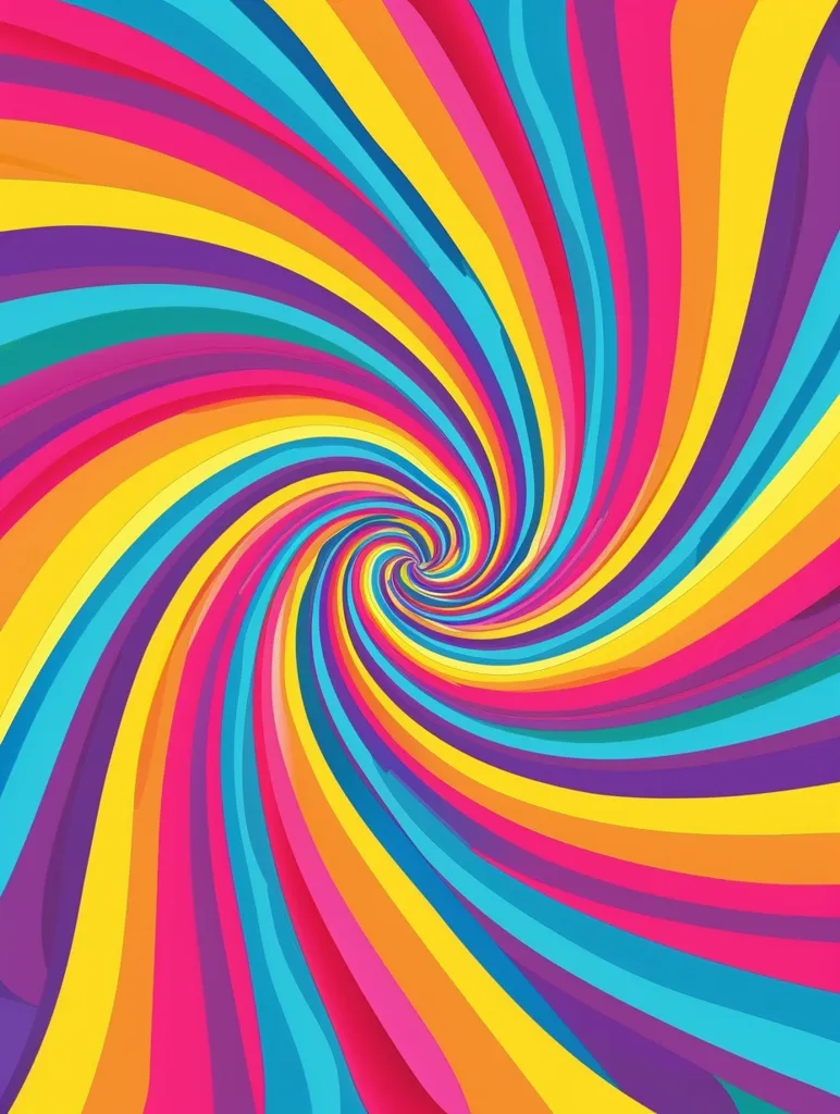 The image is a vibrant, abstract swirl of colorful stripes. The stripes are arranged in a radial pattern, creating a sense of movement and depth. The colors are bright and saturated, giving the image a cheerful and energetic feel. The central point of the swirl is a small, dark circle, which provides a focal point for the eye. The overall effect is mesmerizing and hypnotic.