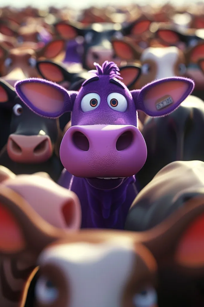 A cartoon purple cow with big eyes and a pink nose looks directly at the camera, surrounded by other cows in a blur. Its face is close up, filling most of the frame. The other cows are out of focus, giving the impression of being in a crowded herd. The purple cow seems surprised or amused, with a slight grin. The image is playful and whimsical, evoking a feeling of cartoonish joy.