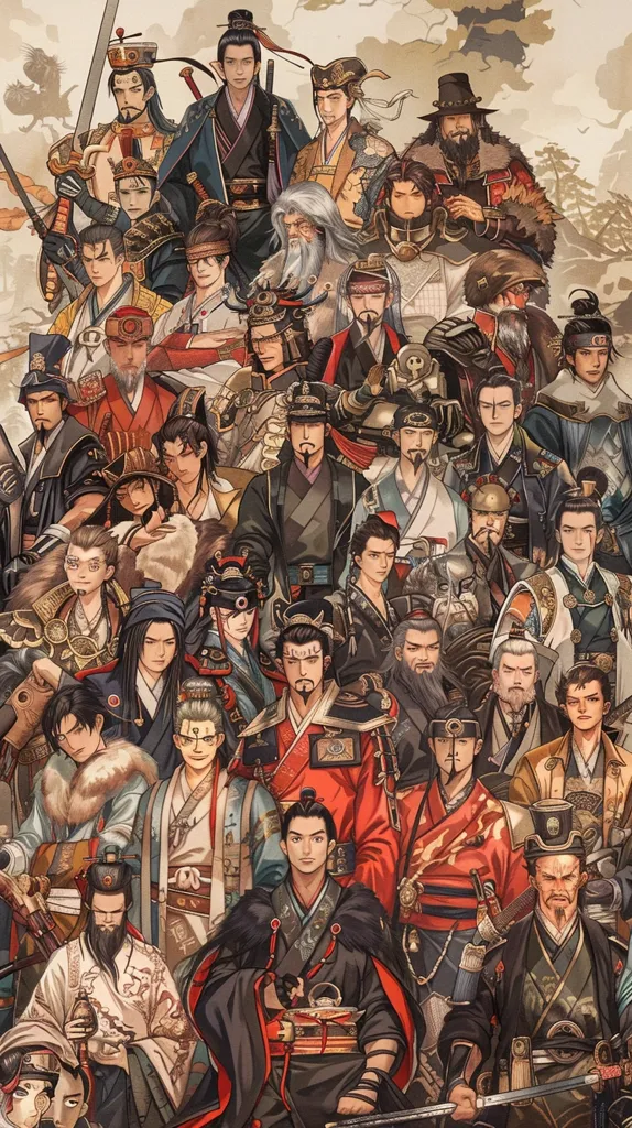 The image depicts a large group of men, likely warriors or historical figures, dressed in elaborate and colorful traditional Chinese clothing. They stand in various poses, some holding weapons, while others have their hands clasped or resting on their hips. The image is a portrayal of power, strength, and tradition. The background is a cloudy sky with hints of foliage, adding a sense of depth and grandeur to the scene.
