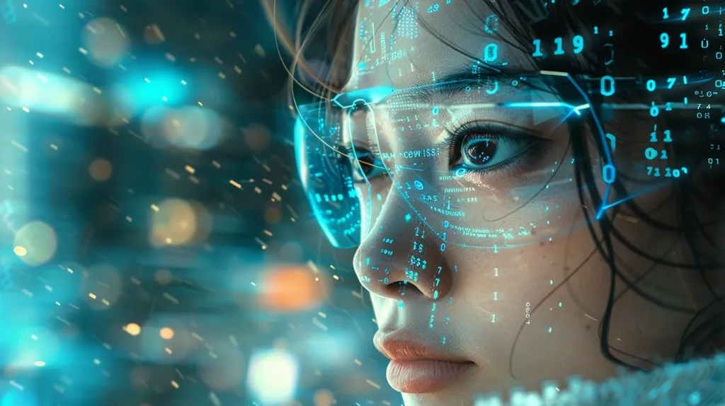 A close-up of a woman's face with a futuristic, glowing blue overlay of numbers and lines. The image suggests a connection to technology and data, possibly representing a person in a virtual world. Her expression is contemplative, with a soft focus on her eye. The background is a blurred, abstract pattern of blue and white.