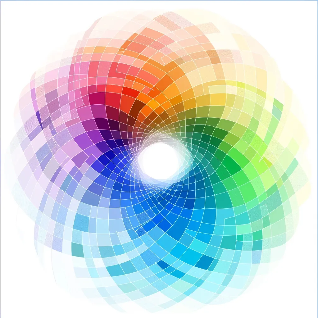 The image is a colorful abstract design composed of a swirling pattern of squares in a rainbow of colors. The pattern creates a sense of movement and depth, with a white circle at the center representing a vortex. The design is visually appealing and has a modern and artistic feel.  The background is white, making the colors pop.  The image is well-balanced and symmetrical.