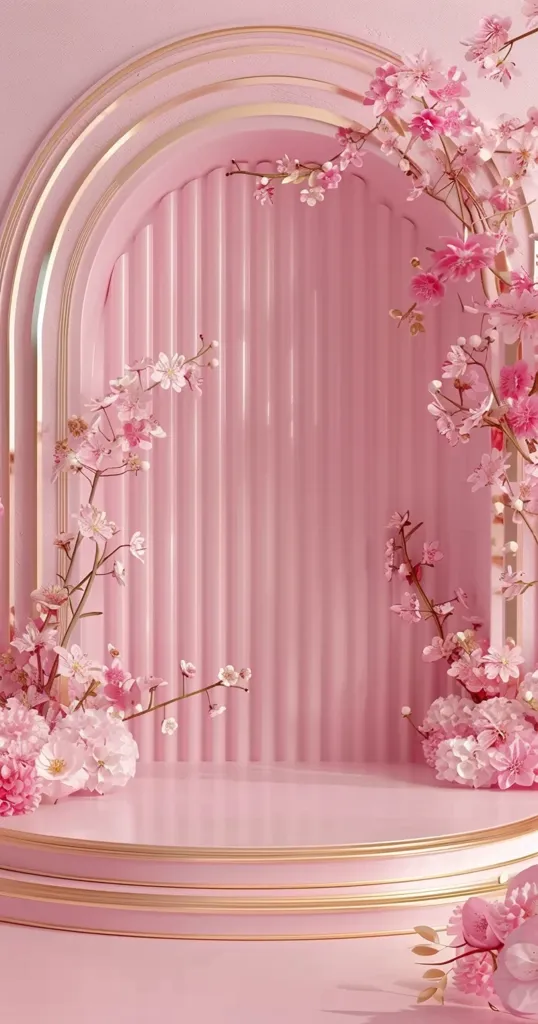 The image shows a pink and gold backdrop with a circular platform. Pink flowers are draped over the arched doorway, adding a touch of romanticism to the scene. The overall aesthetic is elegant and feminine, with soft lighting that creates a dreamy atmosphere. The background is a perfect canvas for showcasing products or creating a beautiful visual composition.