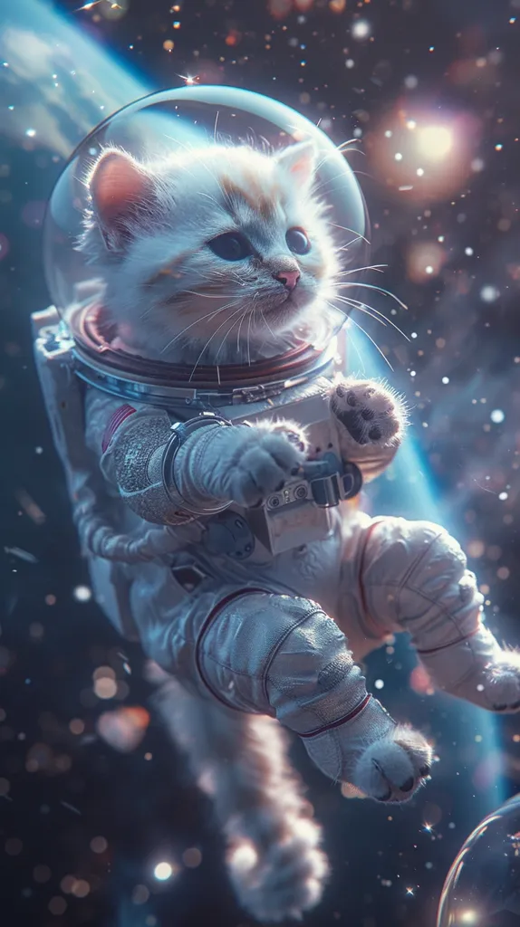 A white cat wearing a white spacesuit floats in space. It has a blue planet in the background and stars all around it. The cat is looking out at the view. It is a whimsical image that depicts a cat as an astronaut.  The cat looks both curious and brave.  The image is full of light and color.