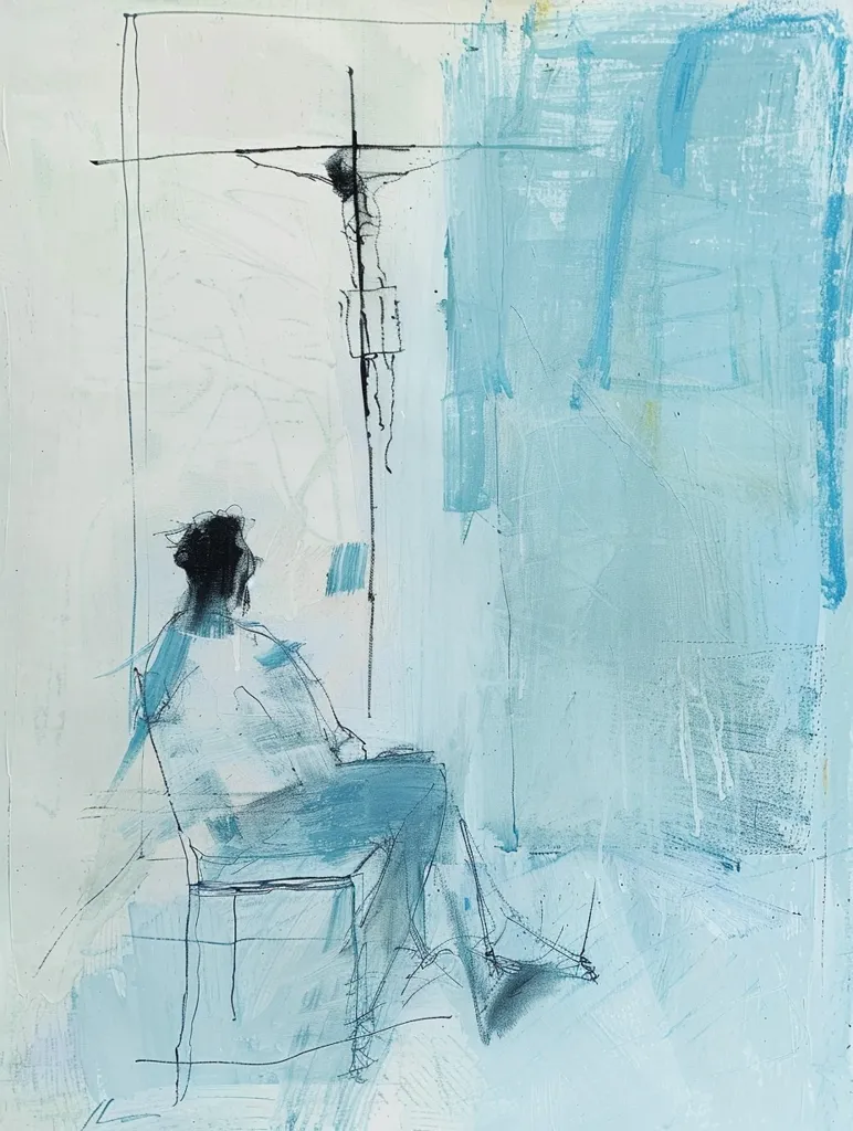 A figure sits in a chair, facing a crucifix on the wall. The artwork is painted in muted shades of blue, with a faint white background. The figure is drawn in a minimalist style, with only the outline of their body visible. The crucifix is simple, with only the cross and a suggestion of the figure of Christ. The overall effect is one of quiet contemplation and solitude.