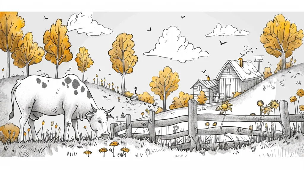 The illustration depicts a peaceful countryside scene. A white and black cow grazes in a grassy field surrounded by trees with yellow leaves. A wooden fence separates the field from a small house in the background. The sky is light gray with fluffy white clouds and a few birds flying overhead. The overall feel is serene and idyllic.