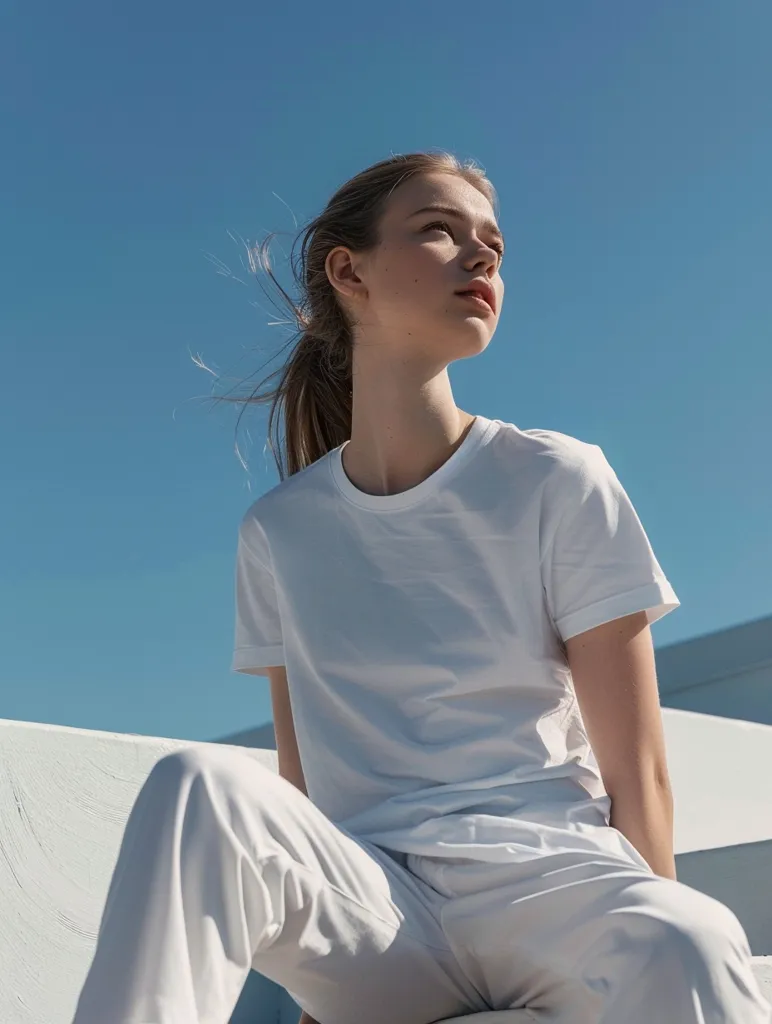 Height + Angle + Perspective, + Super + Impact + Angle, + Multiple beautiful Norwegians wearing white t-shirts, She is standing on the artistic white rotating steps, hyper-realistic skin texture, realistic details, pictures emphasizing its fashion design and beauty, Panasonic GH6L, outstanding details, warm light, professional lighting, clear edges, surreal photography - no sunlight, no words, no clouds --ar 3:4 --v 6.0