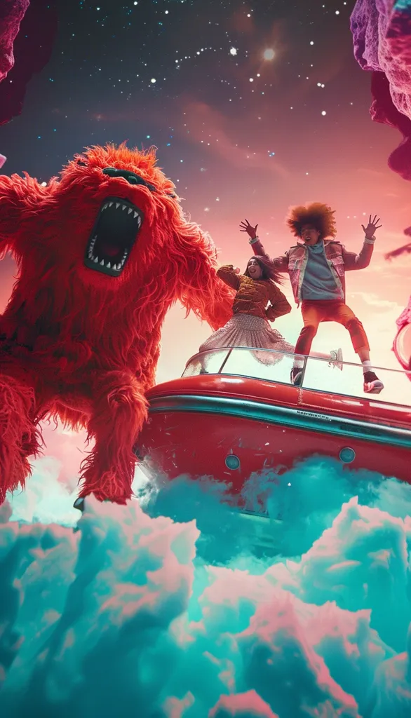 A red, furry monster with a toothy grin stands in the foreground, seemingly leaping over a bright red vehicle. Two people, a man and a woman, are jumping in the air on top of the vehicle. The background is a vibrant sky filled with stars and a pink and blue swirling cloud formation. The scene is whimsical and surreal.