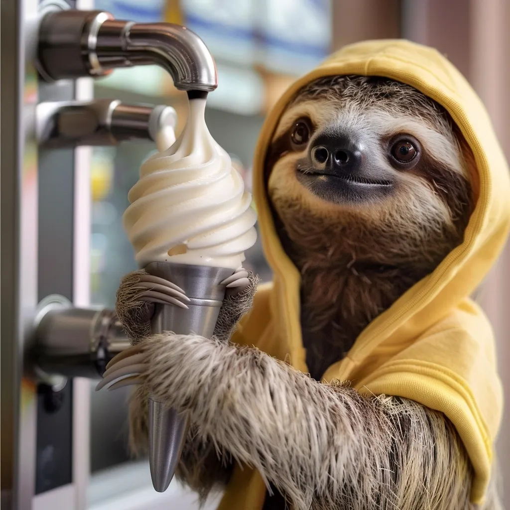 A sloth wearing a yellow hoodie holds a soft serve ice cream cone. The ice cream is being dispensed from a machine. The sloth is smiling and looking at the camera. The image is humorous and playful, showcasing the unexpected delight of a sloth enjoying a treat.