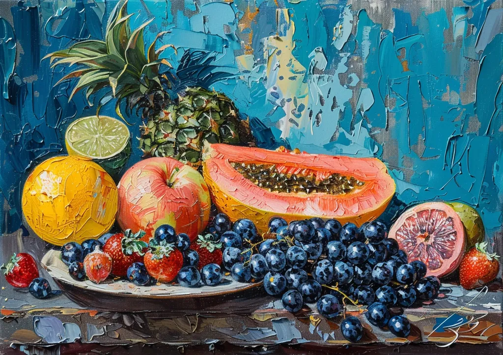 A still life painting with a vibrant blue background. The centerpiece is a platter overflowing with fruit: a ripe orange, an apple, a halved papaya, a lime, grapes, and strawberries. A pineapple and a grapefruit rest beside the platter. The artist uses a thick, impasto technique, creating a textured surface. The painting exudes a sense of abundance and joy.
