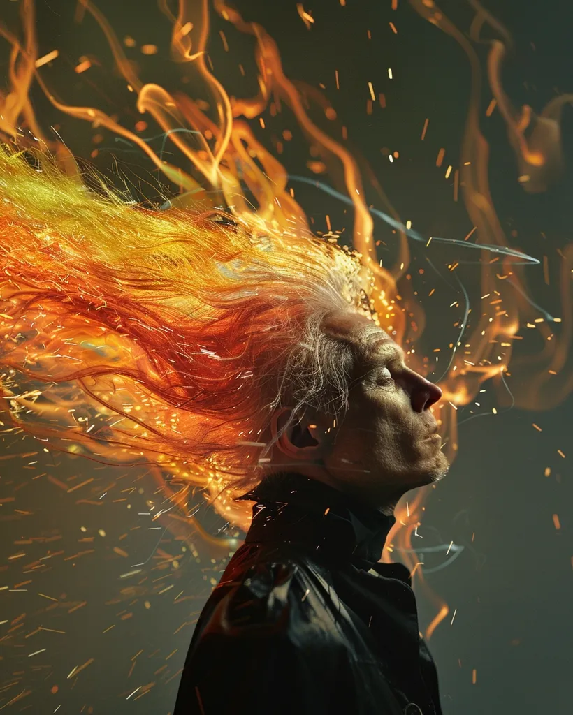 A person with long, flowing red hair is engulfed in a fiery blaze. The hair is set ablaze, creating a dramatic and ethereal effect. The background is a dark, smoky void, suggesting a powerful and chaotic energy. The image evokes feelings of passion, intensity, and the untamed forces of nature.