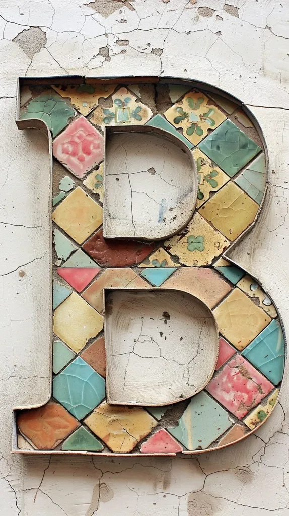 A large, weathered letter "B" is crafted from a mosaic of colorful, faded ceramic tiles. The tiles are arranged in a diamond pattern, showcasing a variety of shades of blue, pink, yellow, and green. The letter is set against a cracked and peeling white wall, creating a striking contrast. The overall effect is one of age and artistry, suggesting a piece of forgotten history.