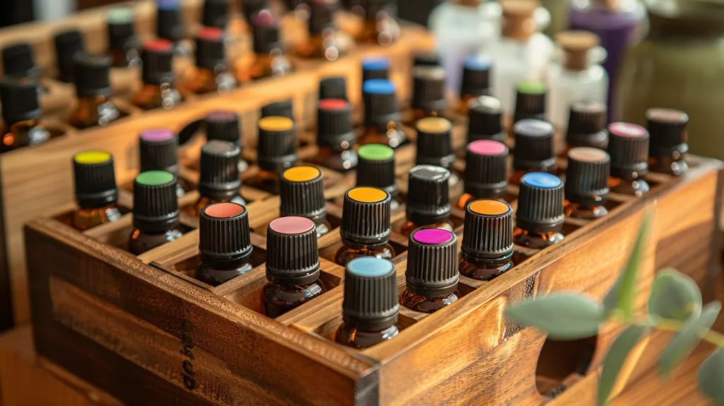 A wooden crate filled with small glass bottles of essential oils, each with a colorful cap. The bottles are arranged in rows, creating a visually appealing pattern. The crate is made of dark wood, adding to the rustic and natural aesthetic. The bottles are positioned in a grid pattern, and the caps are all a variety of bright hues.  A green plant is partially in the frame, suggesting the oils' use in aromatherapy and natural wellness.