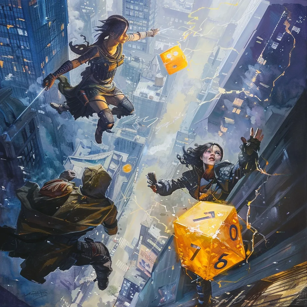 Three figures are suspended in mid-air over a city, falling from a great height. The city is depicted as a series of towering buildings with a stormy sky above. The figures are all dressed in various outfits, suggesting they are adventurers. Two large dice are in the scene, one in the air and one on the building, suggesting a game of chance is involved. The image is dynamic and action-packed, with a sense of urgency and danger.