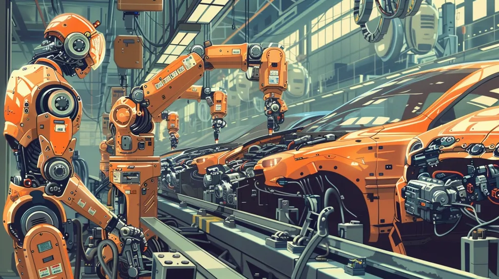 The image depicts an automated car factory, showcasing robotic arms working in unison to assemble a car. In the foreground, a humanoid robot stands, observing the process, while multiple robotic arms work on the assembly line. The cars being assembled are bright orange, reflecting the overall theme of technology and automation. The image captures the efficiency and precision of a modern car manufacturing facility.