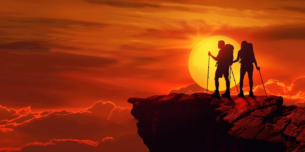 Two figures stand silhouetted against a vibrant orange sunset. They are on a rocky cliff, gazing out at the horizon. The sun, a large orange orb, hangs in the sky behind them, casting a warm glow. The couple are holding trekking poles, suggesting they are hikers who have reached the top of a mountain.  The clouds below are also illuminated by the sunset, creating a stunning backdrop.