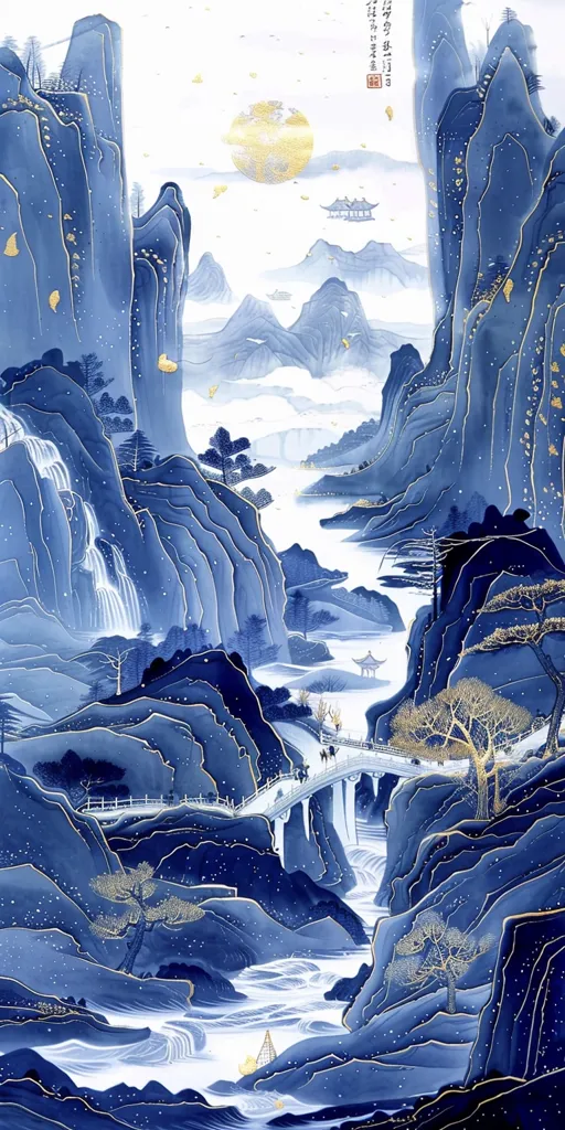 The image is a traditional Chinese painting depicting a serene mountain landscape. Blue and white hues dominate the scene, with rolling hills, a winding river, and a bridge. The painting features delicate brushstrokes and a sense of tranquility, evoking the beauty and mystery of nature.