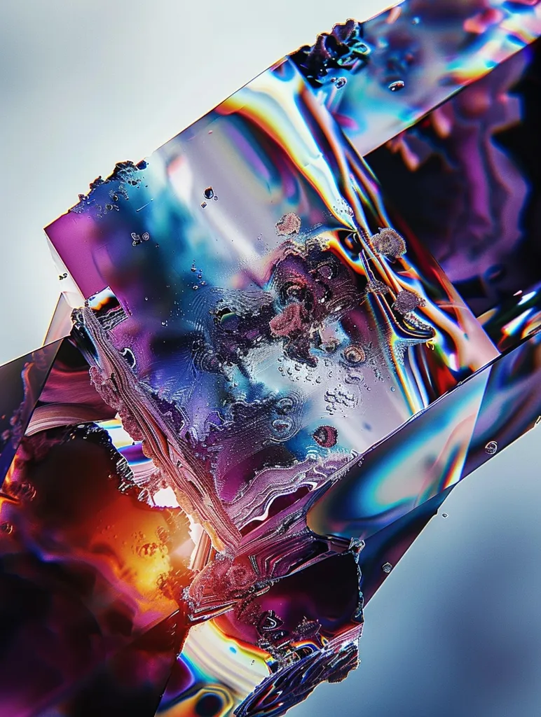 A close-up image of a crystal, showing its iridescent, multifaceted surface. The crystal is a shimmering, multi-colored object, with shades of purple, blue, and gold, that appears to be fractured and broken. The light reflecting off the crystal creates a dazzling, otherworldly effect.  The overall image is a mesmerizing display of nature's intricate beauty.