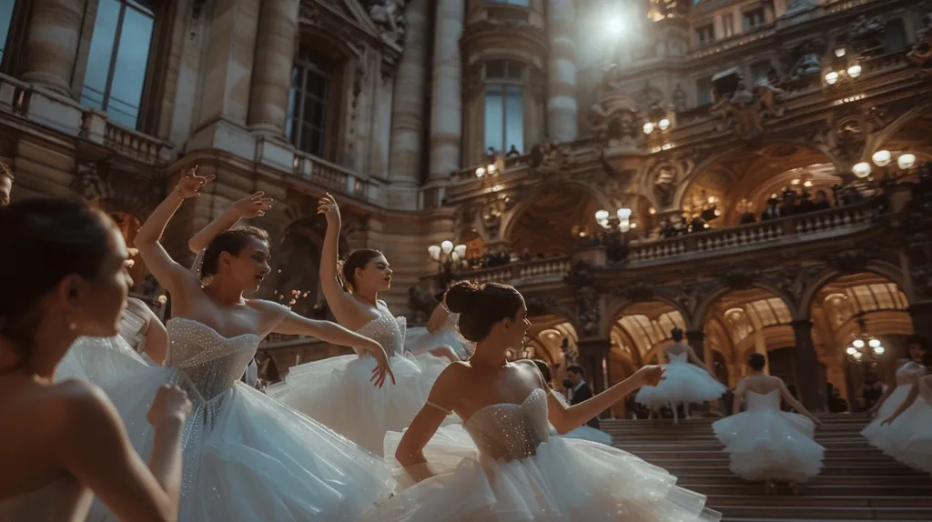 A group of ballerinas, dressed in white tulle dresses, pose on a grand staircase in a beautiful, ornate building. The women have their arms raised in graceful poses. The building has tall windows and arched doorways, suggesting it is a theatre or opera house. The sun shines brightly through the windows, casting a warm glow on the scene. The image evokes a sense of elegance and grandeur.