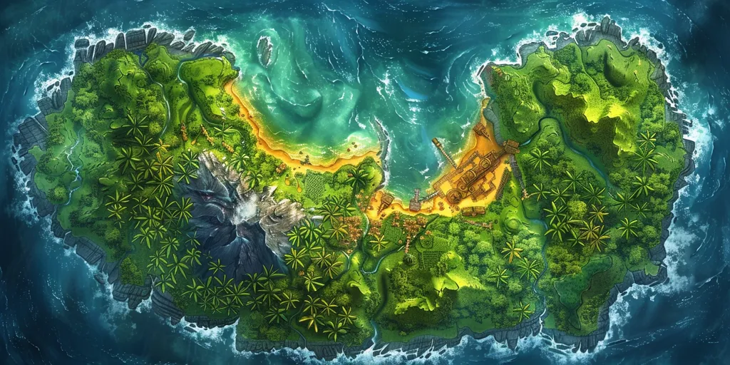 The image shows an aerial view of a tropical island. It features lush green foliage, a sandy beach, and a partially submerged shipwreck. The island is surrounded by turquoise water with foamy waves crashing against the rocky shores. The island is home to a dense forest with palm trees and a small village. The image captures a serene and idyllic scene.