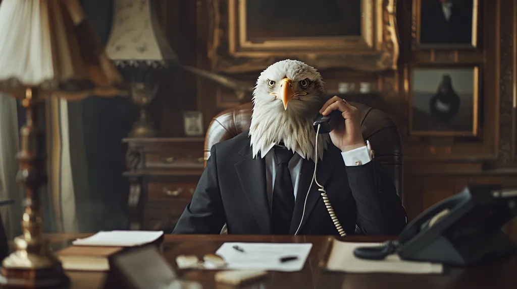 A bald eagle wearing a suit sits in a leather-backed chair in an opulent office. He is talking on a vintage rotary phone, his serious expression and sharp gaze conveying a sense of power.  The ornate décor and golden lampshades highlight the grand setting, suggesting a powerful figure with a commanding presence.