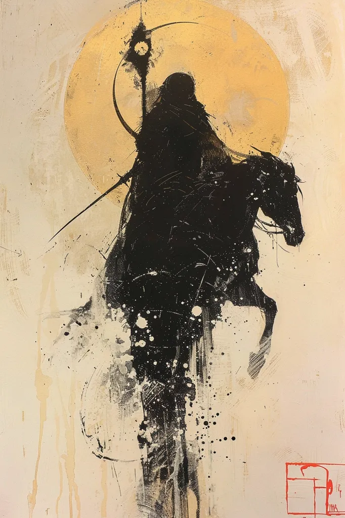 A black and white silhouette of a person riding a horse, holding a staff with a glowing orb on top, is set against a large, golden circle. The image is painted with splatters of black and white paint on a beige background, giving it a textured and abstract feel. The image is signed in red in the bottom right corner.