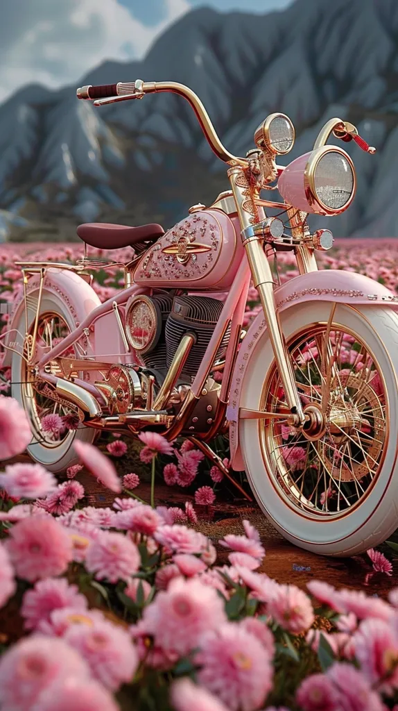 A custom-built, pink and gold motorcycle is parked in a field of pink flowers. The motorcycle has a gleaming, chrome finish and intricate details, including diamond-like embellishments. The front tire is large and white-walled, while the rear tire is smaller and has a gold rim. The motorcycle's handlebars are chrome, and the seat is a soft, burgundy leather.  The pink flowers create a beautiful contrast against the metallic sheen of the motorcycle.  The image captures the beauty of a unique and luxurious motorcycle in a serene and natural setting.