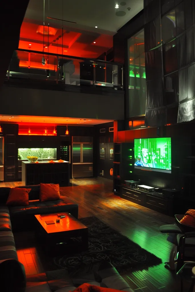 The image depicts a modern and stylish living room with a loft. The room is lit by red and green spotlights, creating a dramatic and cool atmosphere. A large flat-screen TV is mounted on the wall and a black leather sofa sits in front of it. A coffee table with a glass top is positioned in front of the sofa. The room has a modern and minimalist aesthetic, with sleek lines and dark colors. The image evokes a sense of luxury and sophistication.