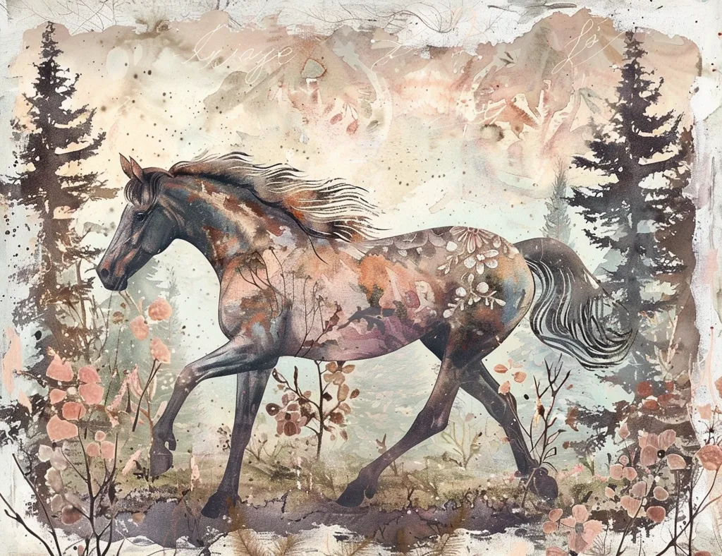 A watercolor painting depicts a horse running through a forest. The horse is brown and black, with a long flowing mane and tail. The forest is a hazy mix of greens and browns, with trees and bushes in the background. There are pink flowers scattered throughout the forest. The painting has a soft, dreamy quality. The overall feel of the painting is calm and peaceful.  The art is painted in a watercolor style, with soft, blended colors. The horse appears to be in motion, with its legs in mid-stride.