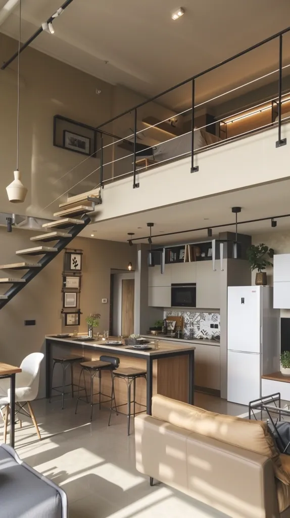 The image shows a modern, open-plan loft apartment with a sleek kitchen and a living area. A black metal staircase leads up to a loft space, which is separated by a black railing. The kitchen features a white refrigerator, wooden cabinets, and a breakfast bar with stools. The living area is furnished with a large, light-colored sofa and a coffee table. The apartment has a minimalist aesthetic, with light-colored walls and natural light streaming in.