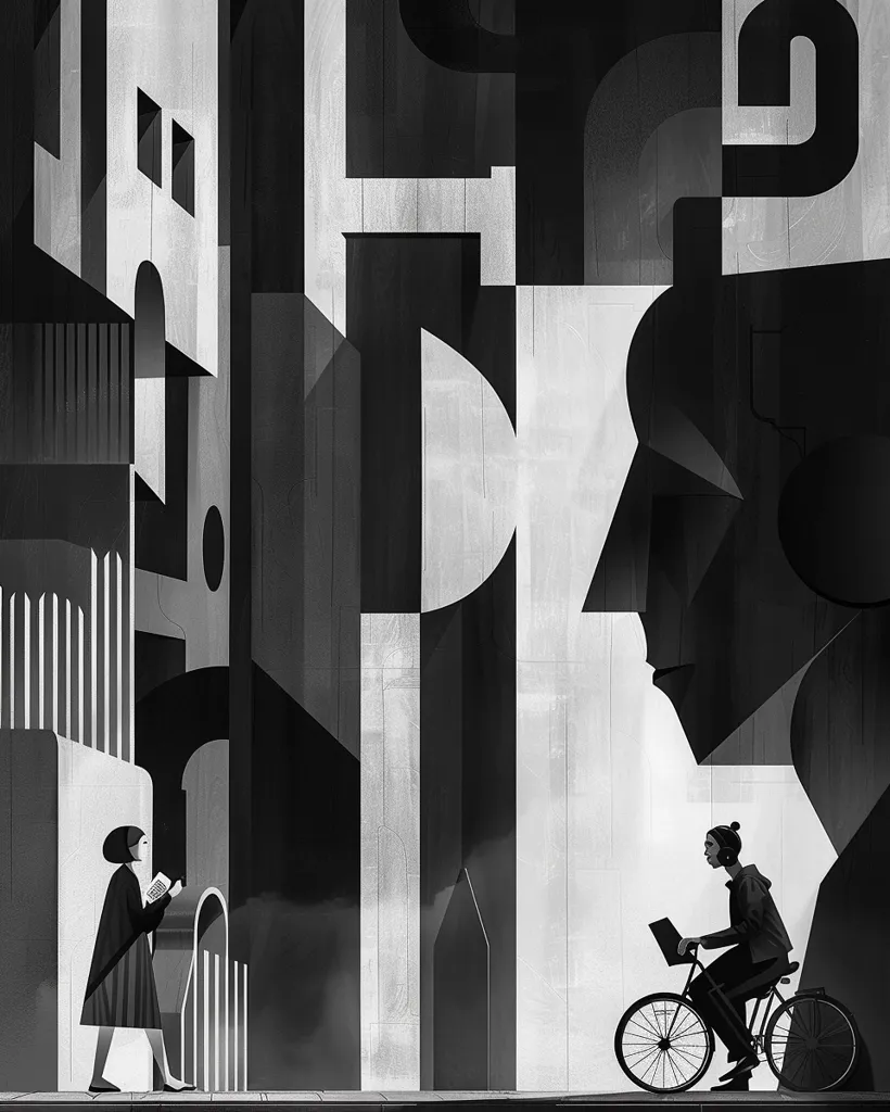 A black and white illustration of a cityscape with two figures. The cityscape is made up of geometric shapes and the figures are stylized. One figure walks to the left, carrying a book. The other figure is riding a bicycle to the right, facing the left.
