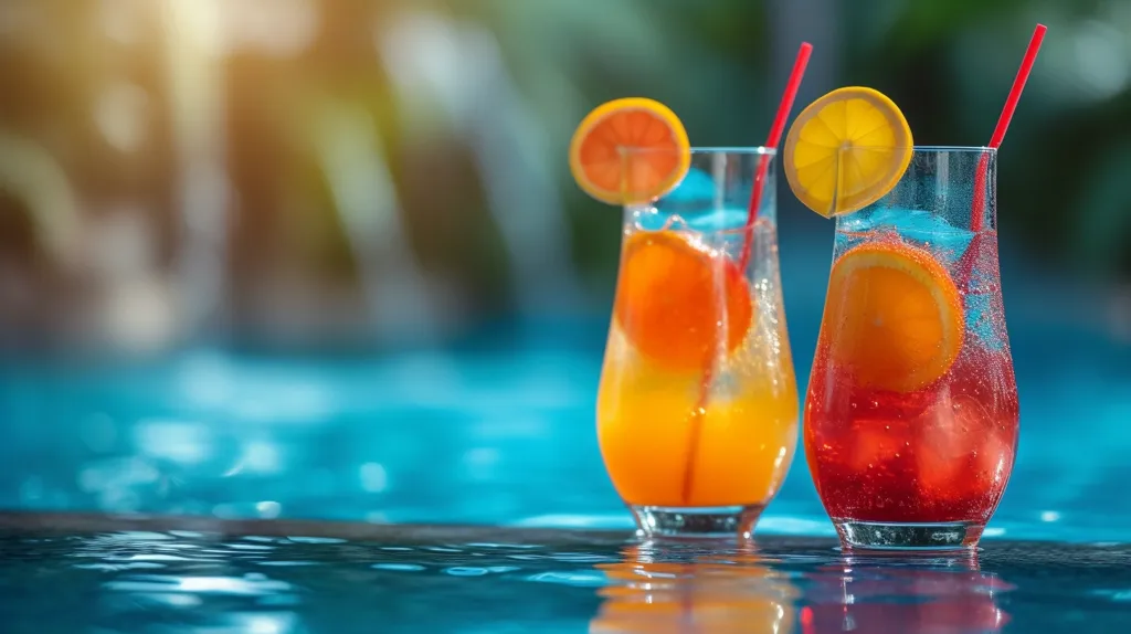 Two refreshing cocktails, one orange and one red, with lemon and orange slices, are positioned on the edge of a pool. The drinks are garnished with red straws and the pool is a vibrant blue. The background is out of focus, suggesting a tropical paradise.  The scene evokes a sense of relaxation and summer fun.
