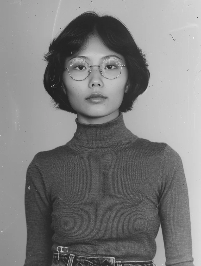 A young woman with short dark hair and round glasses looks directly at the camera with a serious expression. She is wearing a turtleneck sweater and appears to be posing for a portrait. The photograph has a grainy, vintage aesthetic.
