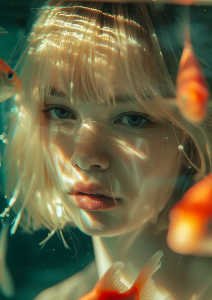 A close-up of a woman's face, her blonde hair framing her features.  Her eyes are focused on the viewer, while her lips are slightly parted. She appears to be submerged in water, with shimmering light and blurry goldfish swimming around her. The scene has a surreal and dreamlike quality.