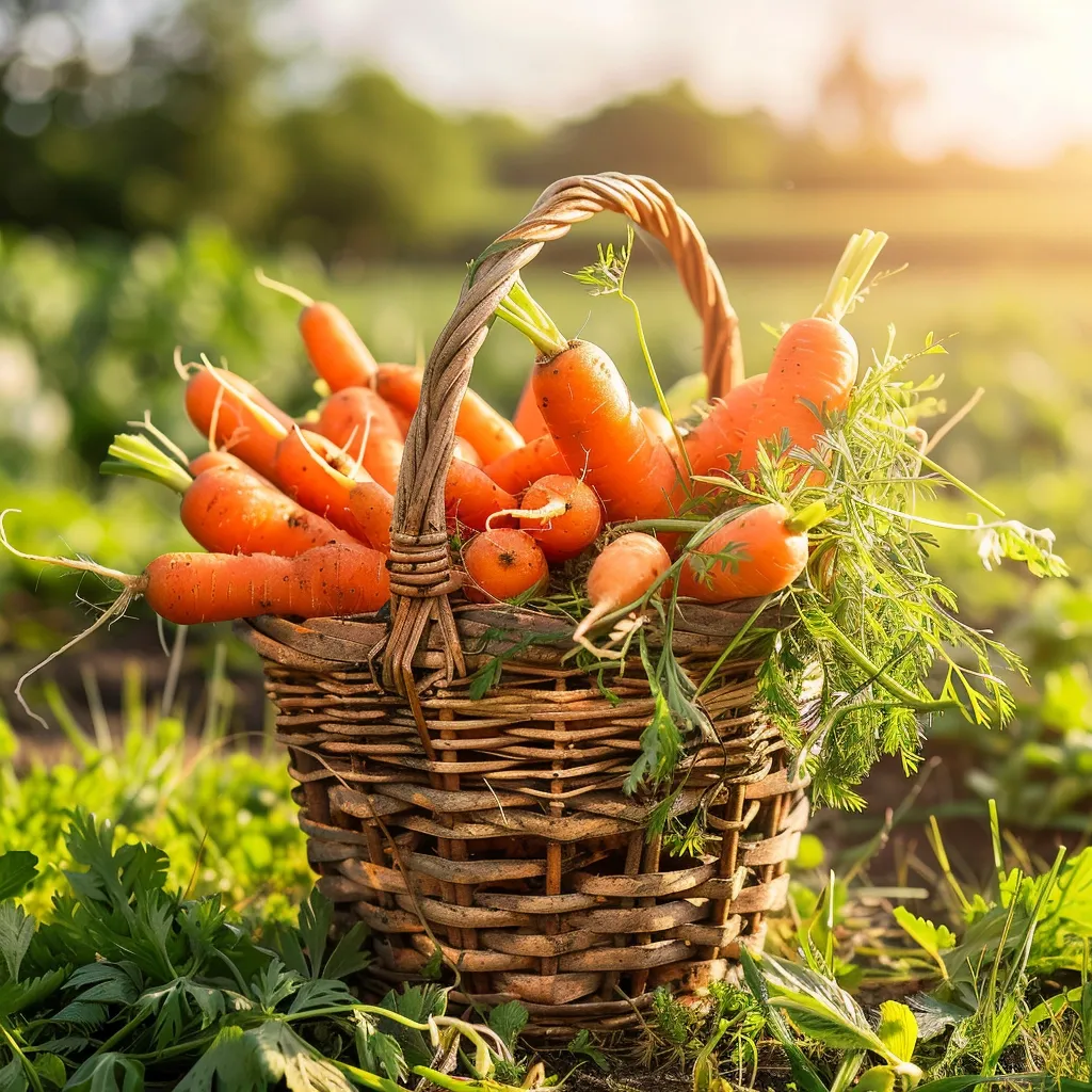 A wicker basket filled with freshly picked carrots sits in a lush green field. The carrots are arranged neatly, their vibrant orange hue contrasting with the deep green foliage. Warm sunlight bathes the scene, casting a golden glow on the basket and its contents. The image evokes a sense of abundance and the joy of harvest.