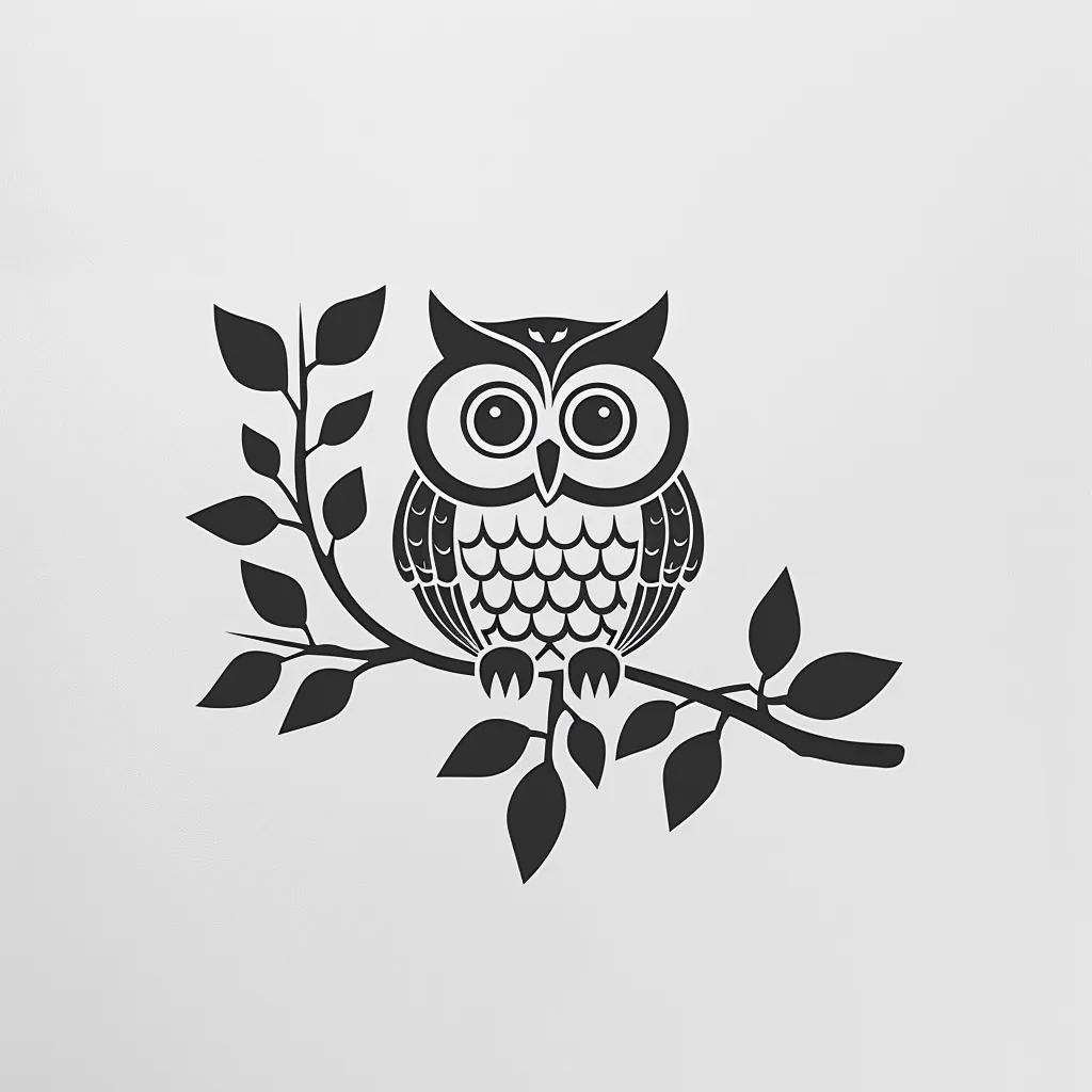 A black and white illustration of an owl sitting on a branch. The owl is stylized with large, round eyes, a beak, and feathers. The branch has leaves and is outlined in black. The image is set against a white background.  The owl looks very cute.