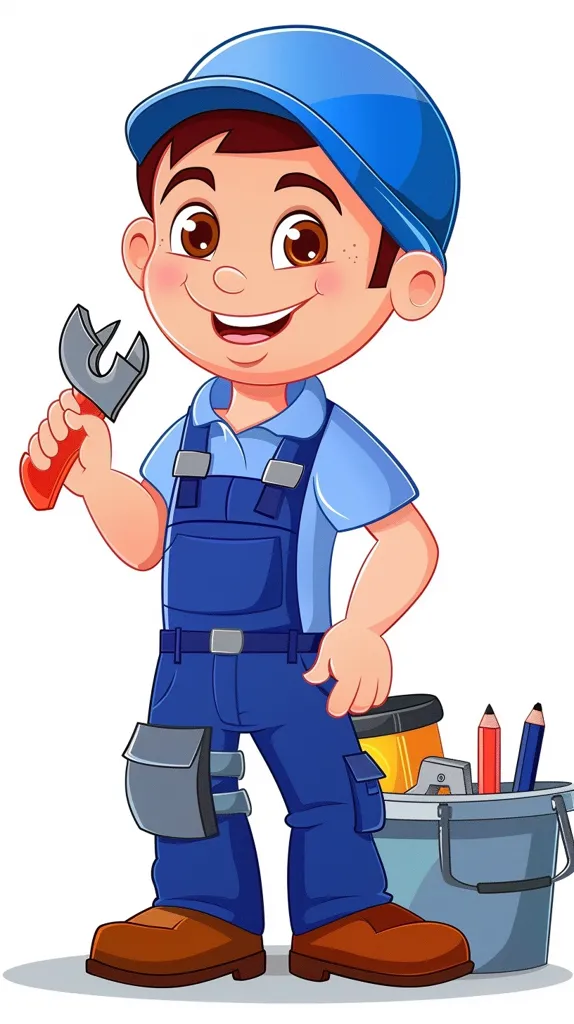 A cartoon depiction of a young boy wearing a blue cap and overalls, holding a wrench. He is smiling and appears to be a happy and confident handyman. He has a tool belt with a tool box and pencils, suggesting he is ready to tackle any task. The white background highlights the character and adds a sense of playfulness to the image.