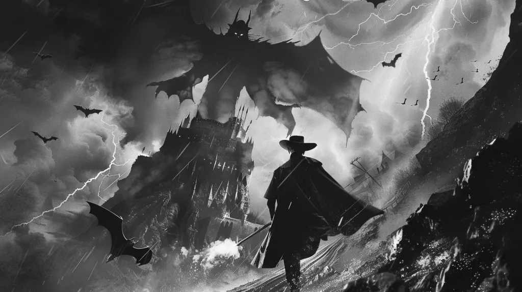 A shadowy figure with large wings stands above a gothic castle, silhouetted against a stormy sky filled with lightning and bats. A lone man in a wide-brimmed hat and cloak stands below, facing the creature. The scene is dark and ominous, suggesting a confrontation between good and evil.