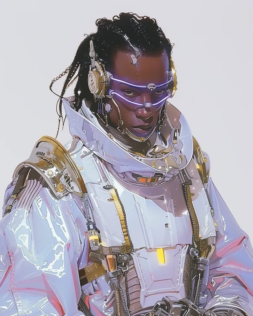 The image features a futuristic depiction of a person wearing a white and gold spacesuit with a futuristic helmet and a violet visor. The person has braided black hair and dark skin. The suit has intricate details and a glossy sheen. The image has a clean, sci-fi aesthetic with a focus on technology and design.