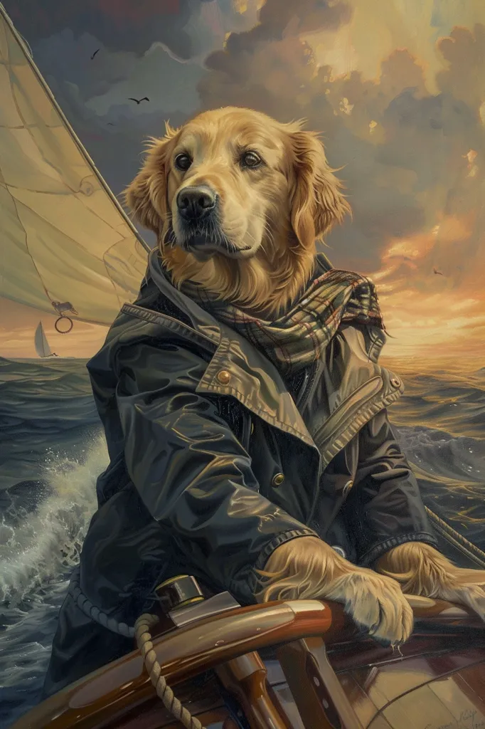 A golden retriever dog, wearing a black jacket and a plaid scarf, steers a wooden boat through choppy waters. The dog's paws grip the helm, its gaze focused on the horizon. The setting sun casts a warm glow on the cloudy sky.  A small sailboat is visible in the distance, adding to the sense of adventure and the dog's calm demeanor.  The painting captures a moment of serene determination as the dog navigates the open waters.
