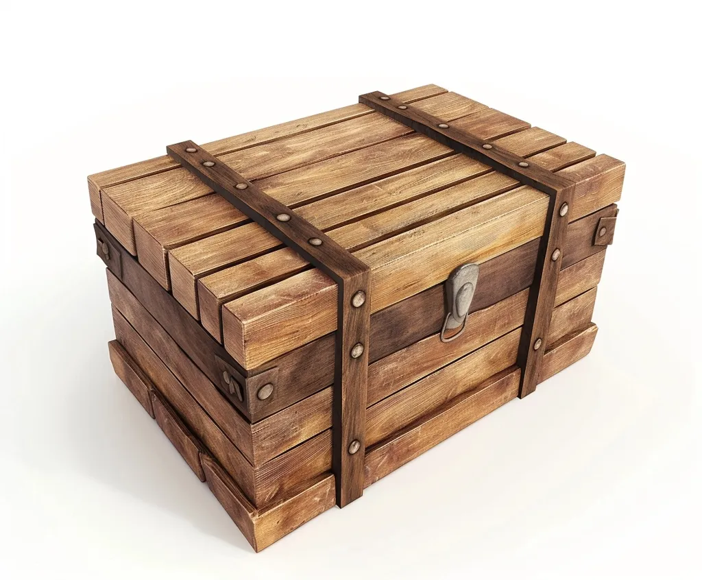 The image shows a wooden chest with a hinged lid and a metal latch. The chest is made of rough-hewn planks and has metal straps running along its sides.  The chest has a dark brown stain and is worn in appearance. The chest is sitting on a white background.