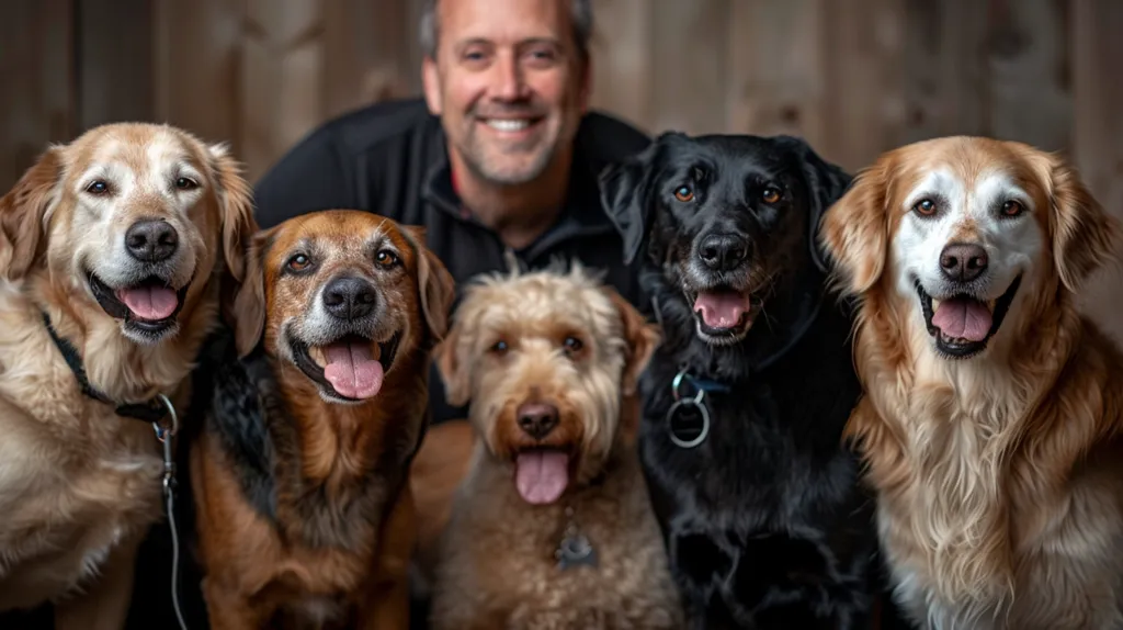 A man with a smiling face sits in front of five dogs. The dogs are all different breeds and colors. The man is wearing a dark blue shirt and the dogs are all sitting in front of him, looking up at the camera. The background is a wooden wall. The dogs are all smiling and seem to be happy.