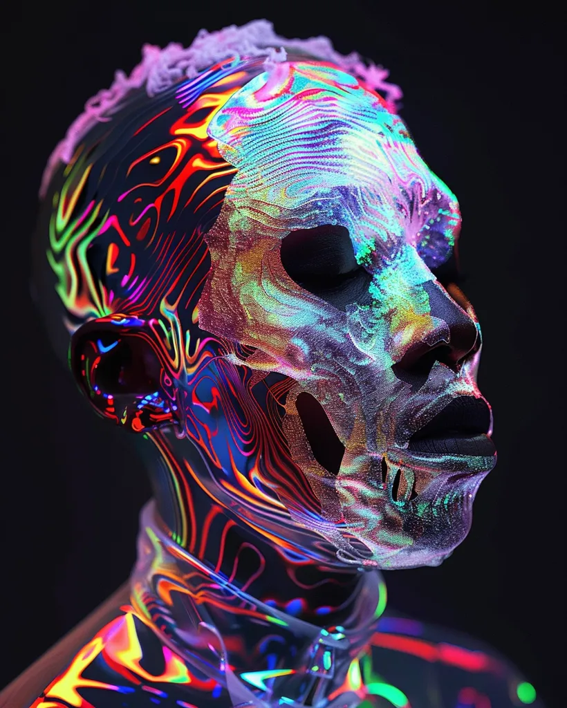 A person's face and neck are covered in a shimmering, iridescent skin-like material that appears to be made up of shifting patterns of light.  The background is dark, highlighting the glowing colors of the subject's skin.  The person's eyes are closed and they have a soft expression.  The image is evocative of a futuristic or fantasy setting.