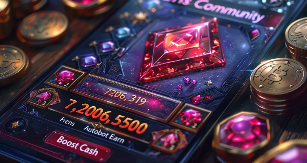 The image shows a smartphone screen displaying a game interface with a large red gem in the center. The screen also displays numbers like "7,206,550", "7206,319" and "Boost Cash". The phone is surrounded by various golden coins, some of which have a Bitcoin symbol. The overall theme is futuristic and luxurious, emphasizing the game's digital currency and rewards.