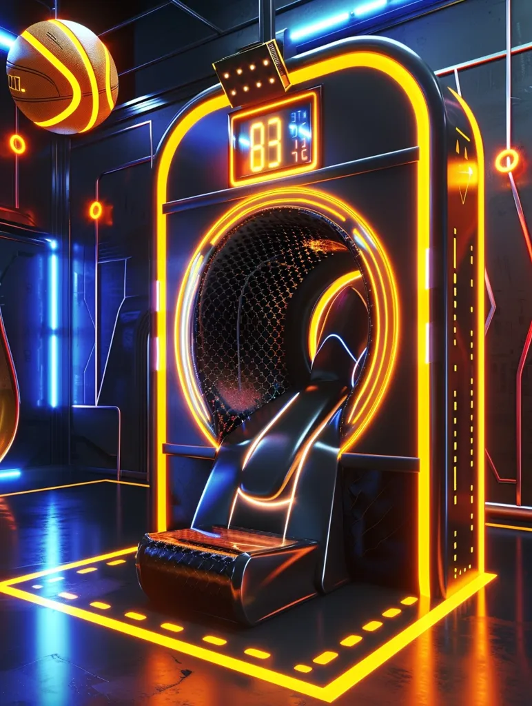 A futuristic, neon-lit machine with a large, circular opening and a seat inside. The machine is outlined in orange neon and has a digital display showing the number "83". The floor is illuminated with bright yellow lines. A basketball hangs in the air above the machine. The entire scene has a dark, industrial aesthetic.