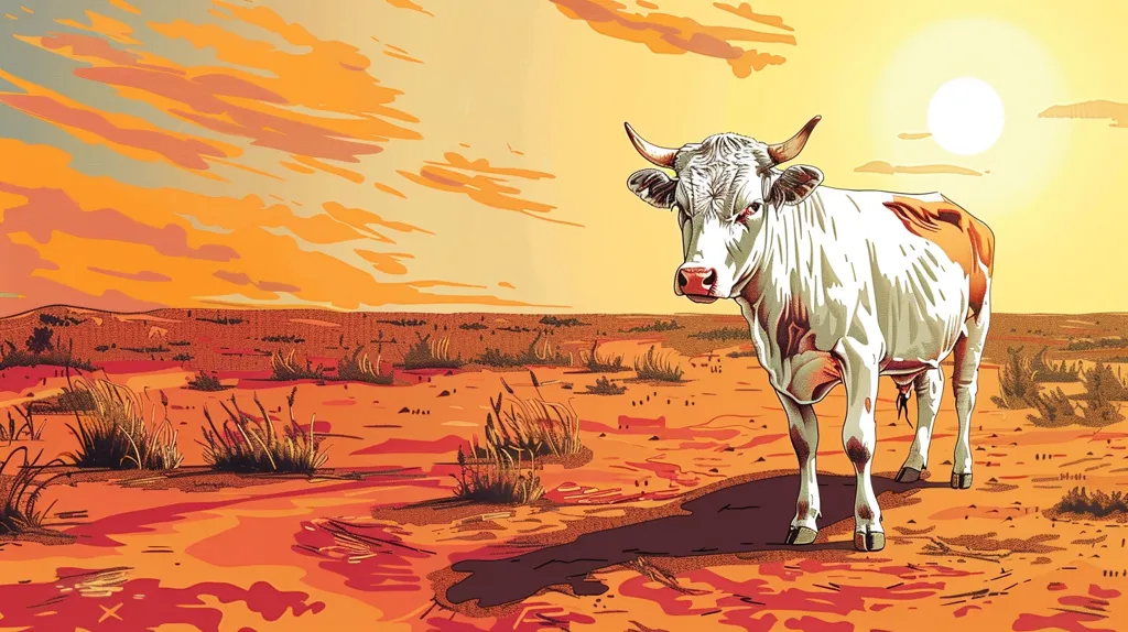 A white cow stands in a parched, orange landscape under a bright, yellow sky. The cow has a red patch on its side and is looking towards the left. The sun is a white orb in the upper right corner of the image. The ground is a mix of brown and orange with sparse grass patches.  The image suggests a dry, hot, and possibly arid environment.