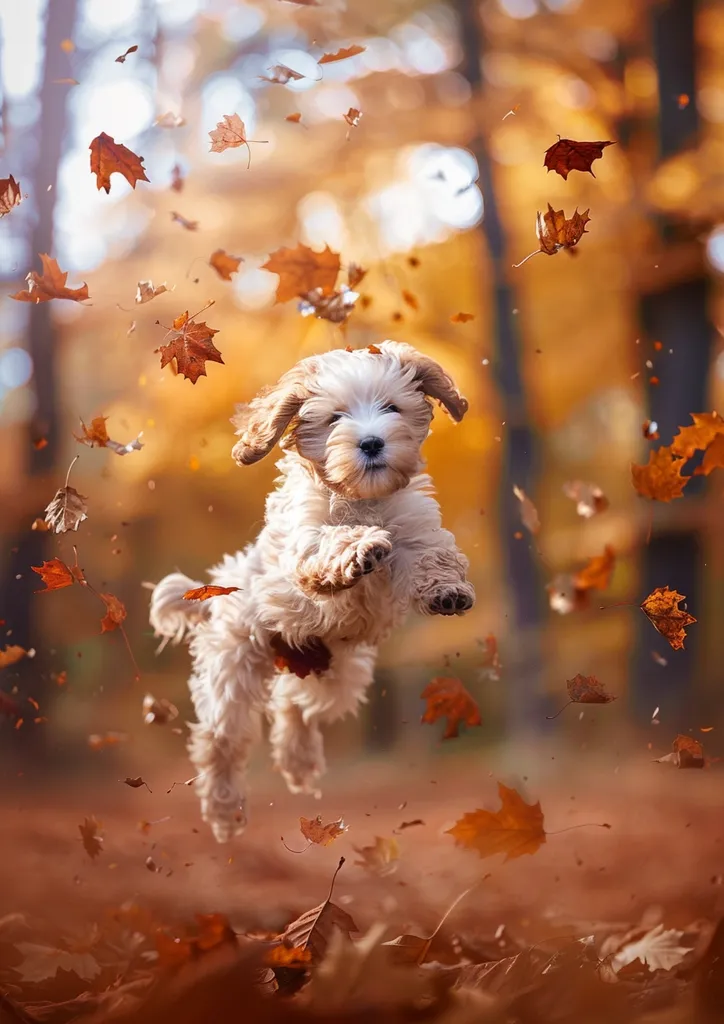 A small, white dog with brown patches leaps through the air in a forest setting.  The background is a blur of golden leaves and branches.  The dog's tongue is sticking out, and it has a playful look on its face.  The image is warm and inviting, capturing the joy of fall.