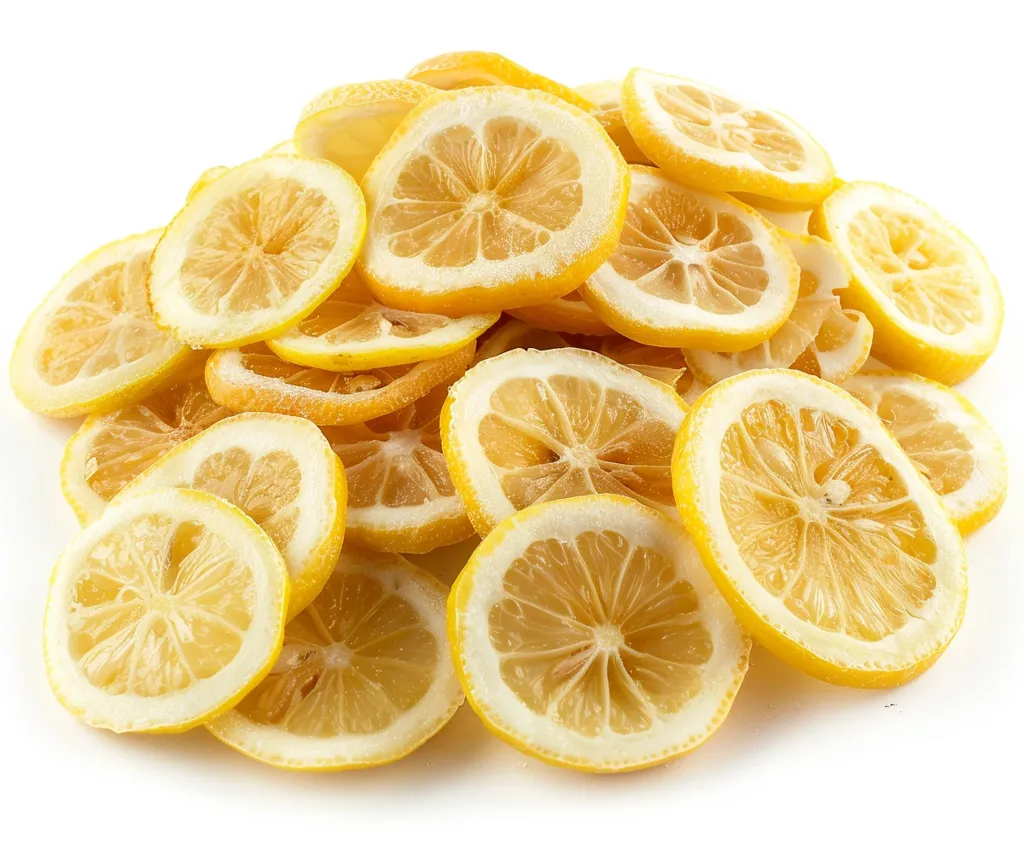 A pile of dried lemon slices are arranged on a white background. The slices are a vibrant yellow and appear to be dehydrated, with a slightly wrinkled texture. The slices are overlapping, creating a visually appealing composition.